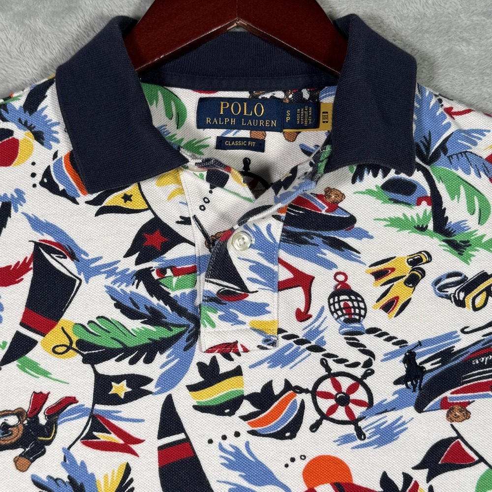 Polo Ralph Lauren Shirt Mens‎ S White Nautical Bear Classic Fit All Over Beach*
